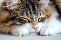 Adorable tabby kitten sleeping peacefully with closed eyes and soft fur, perfect for pet care, animal welfare, and cozy home content.