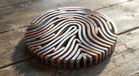 Wooden fingerprint sculpture with intricate carved ridges on rustic wood surface for identity security biometric authentication design concepts.