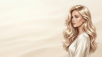 Young adult woman with long blonde wavy hair, fair complexion, wearing white clothing against neutral beige background. Suitable for beauty, fashion, wellness and lifestyle marketing materials.