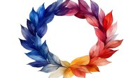 Colorful gradient wreath made of translucent leaves in blue, purple, red and orange hues arranged in circular shape on white background, isolated design element.