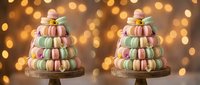 Two elegant macaron towers on wooden stands with warm golden bokeh lights creating festive atmosphere for celebrations and special events.