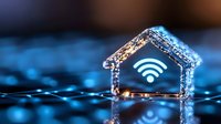 Glowing wifi symbol inside miniature crystal house on reflective surface with blue bokeh background creates modern smart home technology concept.