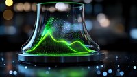Glowing green wave visualization in glass bell jar against dark background with bokeh lights, futuristic data representation for technology concepts.