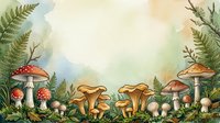 Watercolor forest floor scene with red and golden mushrooms, ferns, and moss in natural woodland setting for botanical and nature design projects.