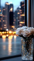 White roses in crystal vase against evening cityscape with bokeh lights and skyscrapers silhouettes, romantic urban atmosphere through window at dusk.