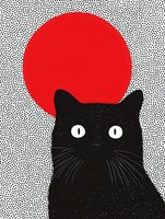 Black cat silhouette with bright eyes against red sun circle and dotted background, minimalist artistic style for modern wall art and design projects.
