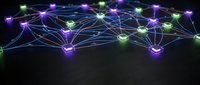 Digital network connections with glowing nodes and data lines on dark background for technology and communication concepts.