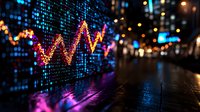 Stock market digital display showing colorful trading graph with neon pink and blue lights reflecting on wet surface, blurred city background with bokeh lights at night.
