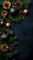 Navy blue and gold Christmas decorations with pine cones and fir branches create elegant border on dark background. Festive winter holiday composition.