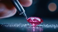 Pink diamond gemstone on reflective surface with precision tool and sparkling bokeh lights creates luxurious jewelry design atmosphere. Professional gemology concept.