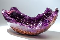Purple amethyst geode crystal formation displaying natural crystalline structure with deep violet hues and raw mineral edges on white background.