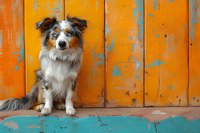 Australian shepherd dog sitting against vibrant orange wooden wall with peeling paint and turquoise accents, looking directly at camera with alert expression.