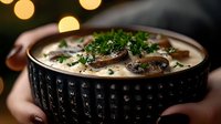 Creamy mushroom soup garnished with fresh herbs served in black textured bowl against warm bokeh background, hands holding bowl creating cozy atmosphere.