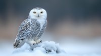 Majestic snowy owl perched on snow-covered ground in winter landscape, displaying distinctive white and black feather pattern against soft blurred background.