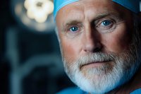 Experienced senior male surgeon with gray beard and intense blue eyes wearing scrub cap, close-up portrait in operating room with surgical light in background.