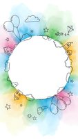Colorful watercolor planet frame with doodle elements including balloons, houses, clouds, stars and kites on white background for creative design projects.