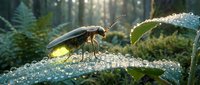 Glowing firefly beetle on dewdrop-covered leaf in enchanted forest morning light with ferns and magical atmosphere for nature fantasy designs.