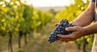 Farmer holding fresh dark grapes in vineyard during harvest season, ripe fruit ready for wine production or fresh consumption.