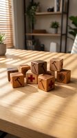 Wooden dice with medieval symbols including swords, shields and crosses arranged on natural wood table in modern home office interior for gaming concepts.