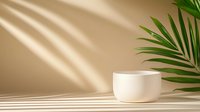 Minimalist white ceramic bowl on beige background with palm leaf and window light shadow creating modern composition for product display or cosmetics.