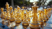 Golden chess pieces arranged on glass board with dramatic lighting and reflective surface, focusing on king piece with shallow depth of field creating luxurious atmosphere.