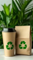Kraft paper coffee cup with black lid and matching kraft paper bag, both featuring green recycling symbols, displayed on white surface with blurred green foliage background for eco-friendly packaging design use.