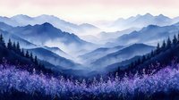 Misty mountain landscape at dawn with purple wildflowers in foreground and layered blue mountain silhouettes stretching to horizon, creating atmospheric depth perspective.
