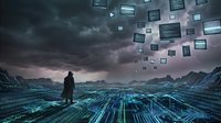 Hooded figure standing in a vast digital landscape with floating code screens and stormy sky, representing cybersecurity and data technology.
