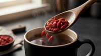 Wooden spoon pouring red kidney beans into dark ceramic mug on rustic kitchen counter with warm natural lighting for healthy cooking concepts.