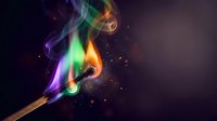 Colorful flame erupting from wooden match with vibrant rainbow smoke swirls against dark background. Abstract fire art for creative projects and designs.