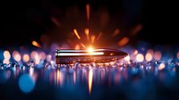 Flying bullet with bright muzzle flash and sparks against dark background with bokeh light reflections on metallic surface, dramatic lighting creates mirror effect.