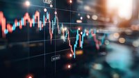 Financial market data visualization with red and green candlestick chart showing stock price movements on digital display with grid overlay.