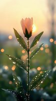 Single pink flower with water drops on leaves against sunset light creating magical bokeh effect in background, nature macro photography.