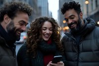 Young multiracial friends laughing while looking at smartphone in city street. Mixed group sharing funny social media content on winter evening.