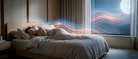 Young woman sleeping peacefully in modern bedroom with flowing light waves representing sleep cycles and circadian rhythms for wellness content.
