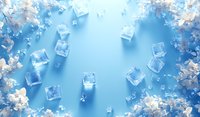 Floating ice cubes and delicate white cherry blossoms create fresh spring composition on light blue background. Minimal seasonal concept for refreshing drinks and cooling.