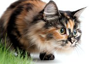 Curious calico cat with bright blue eyes and long fluffy fur crouching in green grass, focused on hunting prey. Side view portrait shows distinctive tortoiseshell markings.