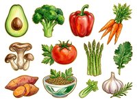Assorted fresh vegetables including avocado, broccoli, bell pepper, carrots, mushrooms, tomato, asparagus, sweet potato, pineapple, celery, garlic and parsley isolated on white background. Suitable for cooking, nutrition, healthy eating and recipe design projects.