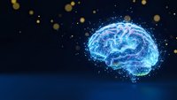 Digital brain with glowing neural networks and particles on dark blue background for artificial intelligence and technology concepts.