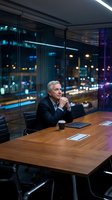 Senior Caucasian businessman contemplating strategy in modern glass office conference room with city lights background at night.