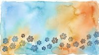 Watercolor background with scattered paw prints in blue, yellow, and orange tones. Soft, artistic wash effect with organic color transitions. Suitable for pet-related designs, animal themes, greeting cards, and creative projects.