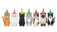 Cartoon cats wearing colorful party hats in various colors and patterns, isolated on white background, ready for celebration designs, invitations, and festive graphics.