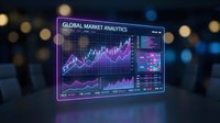 Futuristic holographic display showing global market analytics with rising charts and financial data visualization in modern business environment.