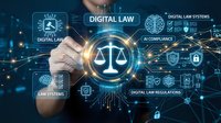 Professional businessman touching digital law interface with scales of justice symbol surrounded by legal technology icons and network connections.