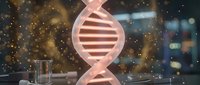 DNA double helix glowing neon structure on laboratory desk with bokeh lights, representing genetic research, biotechnology, and scientific innovation in modern medicine.