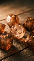 Amber translucent polyhedral dice set with golden numbers on rustic wooden surface for tabletop gaming and role-playing adventures.