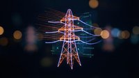Electric power transmission tower with glowing neon lines and digital grid overlay on dark background with bokeh lights for energy infrastructure concepts.