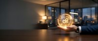 Businessman holding glowing lightbulb with gear mechanism inside, symbolizing innovation, creativity, and business ideas in modern office environment.