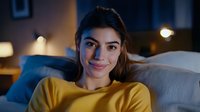 Young Mediterranean woman in yellow sweater relaxing on couch at home in evening, smiling warmly at camera with genuine expression in cozy living room atmosphere.