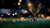 Golden trophy on grass field at night with magical bokeh lights creating dreamy atmosphere. Sports achievement and victory celebration background.